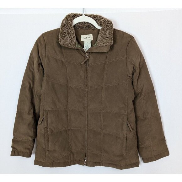 LL Bean XS P Quilted Insulated Jacket Brown Goose Down Sherpa Collar Faux Suede - Picture 1 of 13